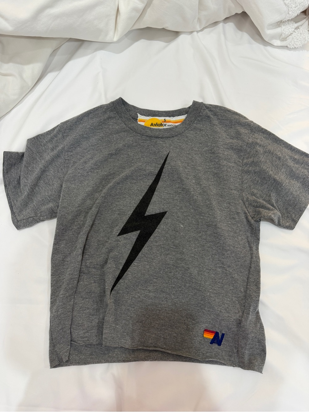 Aviator Nation Gray Tee with Black Lightning Bolt